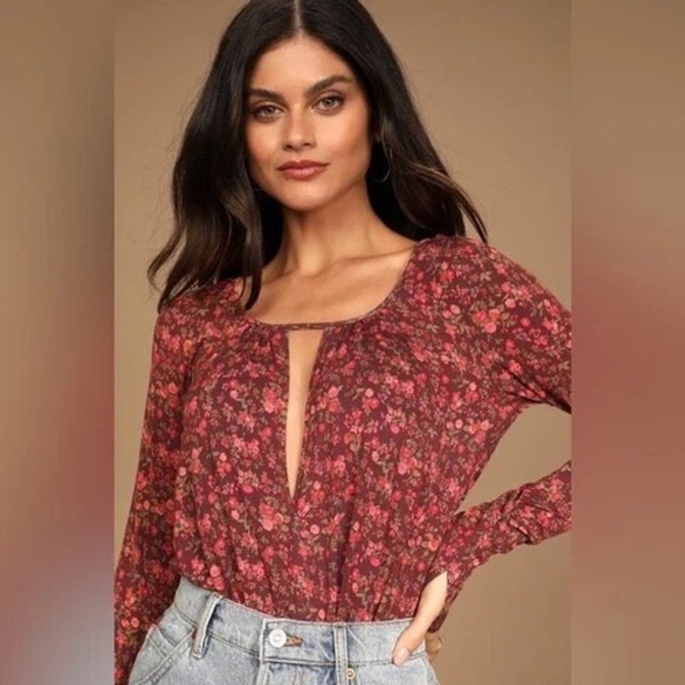 Free People Intimately Red Brown‎ Preppy Floral Long Sleeve Kaya Bodysuit Size S